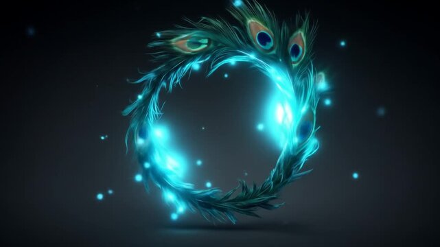 Glowing peacock feather wreath illuminated on dark background