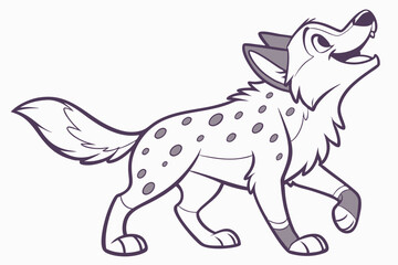 Cartoon Hyena Walking, Spots, Tail Up, Line Art on White Background
