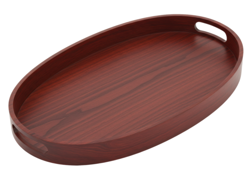 Isolated oval wood serving tray with handles, for transporting food and drinks at home
