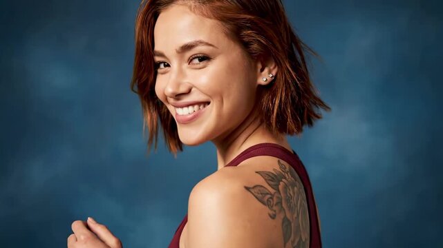 Smiling woman looks over her shoulder, short auburn hair framing her face, wearing a sleeveless maroon top; ornate floral tattoo on upper back contrasts with a soft blue studio background sky