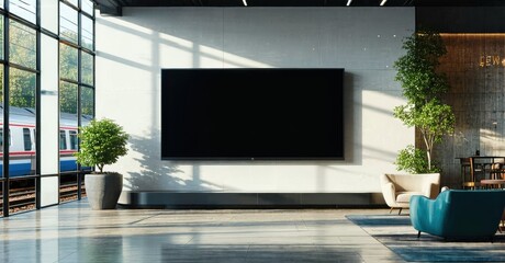 Modern lobby features large screen, seating, plants. Bright space with window views, minimalist design, neutral tones.