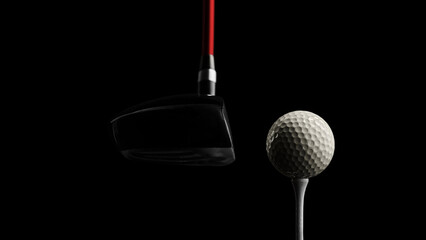 Golf ball on tee ready for driver swing with red shaft against black background. Concept of dynamic action, sports branding, focus visuals and elite golfing performance campaigns.