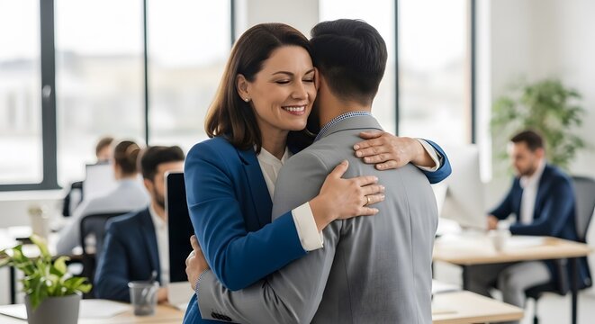 A warm embrace between colleagues in a modern office setting, expressing support and encouragement now.