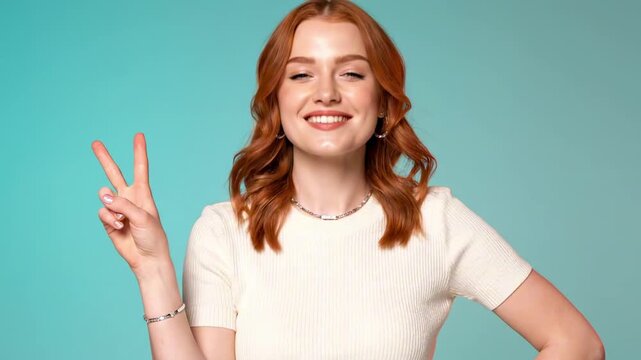 Young woman with red hair smiles confidently against a teal backdrop, wearing a cream short-sleeve top and simple jewelry, flashing a playful peace sign while posing with relaxed posture.smile