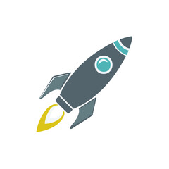 Graphic illustration of a sleek grey rocket ship with aqua accents soaring upwards with fiery orange and yellow exhaust