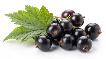 Fresh black currants with green leaves isolated on white background
