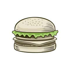 Classic double hamburger with cheese and lettuce in a vintage hand drawn style