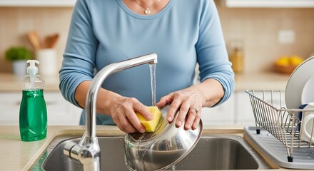 A person diligently washes a metal bowl with a yellow sponge, water cascading from a shiny faucet.
