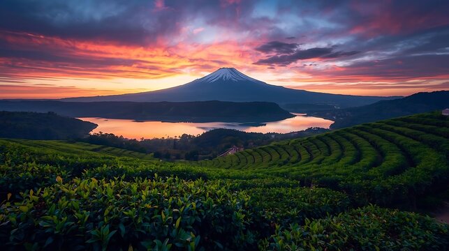 tea plantation with mountain and lake view - Powered by Adobe