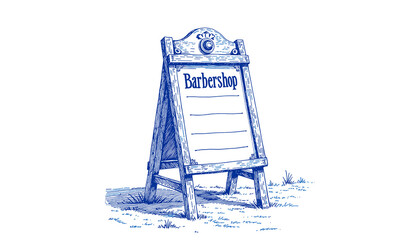 Vintage sketch of a barbershop signboard in blue ink  