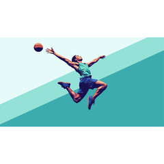 Basketball player jumping to shoot ball against teal background