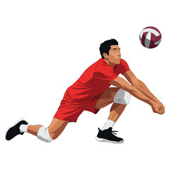 Volleyball player diving to save ball during game isolated