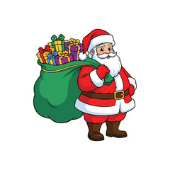 Santa Claus carrying sack of Christmas gifts on white background