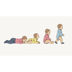 Baby's development stages: crawling, sitting, and walking on white background