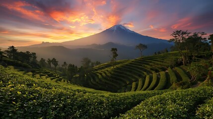 sunset over mountain and rolling tea fields