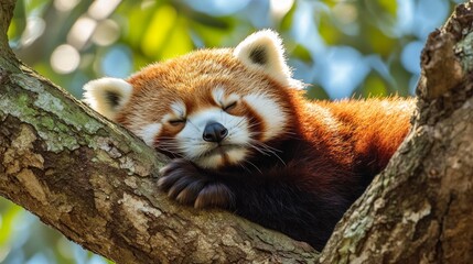 A red panda sleeps on a tree branch surrounded by green foliage, useful for articles about wildlife, ecology, and the conservation of rare species.
