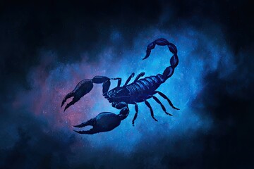 Scorpio zodiac symbol with scorpion silhouette, dark cosmic background, mysterious vibe