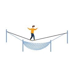 Person balancing on a tightrope with safety net below.