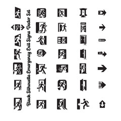 Minimal Emergency Exit Signs Silhouettes Vector | Bold Black Safety Icons for Evacuation Design