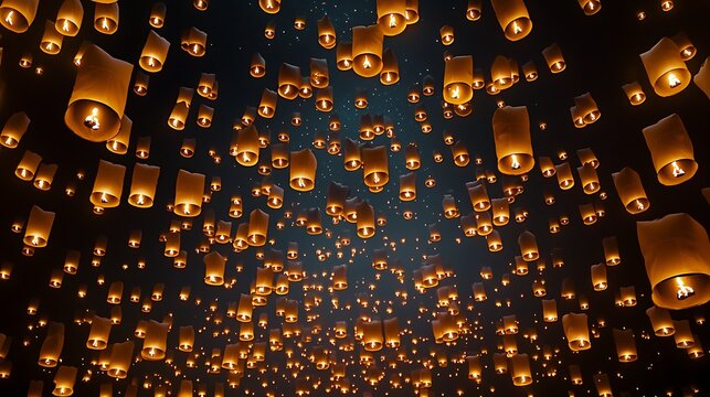 Night view of glowing lanterns soaring into dark sky at festival