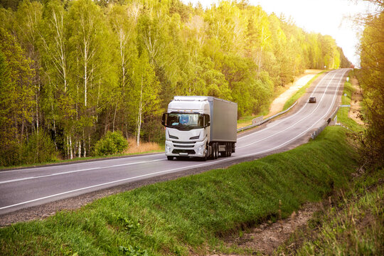 Fototapeta A modern truck transports cargo along a country road against the backdrop of beautiful nature and forest. Freight exchange. Transport and logistics company. Sunny weather. Copy space for text