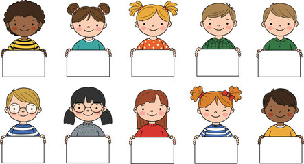 Cartoon Children Holding Blank Signs in Diverse Group for Education, Message Design, School Projects, Communication, and Vector Illustration Use