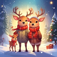 Cute deer family in winter scene