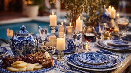Fototapeta premium Elegant blue and white table setting with traditional holiday foods artistically arranged on decorated dining table, perfect for festive celebration entertaining and formal dining concept.