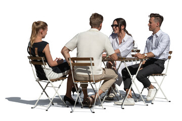 Obraz premium Group of young and fashionable people sitting in an outdoor cafe in summer and talking isolated on white and transparent background. With correct sunlight shadows.