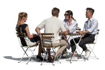 Group of young and fashionable people sitting in an outdoor cafe in summer and talking isolated on white and transparent background. With correct sunlight shadows.