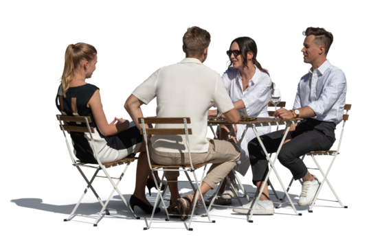 Group of young and fashionable people sitting in an outdoor cafe in summer and talking isolated on white and transparent background. With correct sunlight shadows.