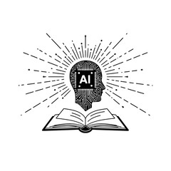 Open book icon with artificial intelligence representing concepts of knowledge and innovation
