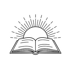 Open book icon with rising sun representing concepts of knowledge and enlightenment