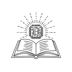 Open book icon with microchip representing concepts of knowledge and technology