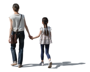 Japanese woman and child walking together hand in hand isolated on white and transparent background