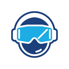 Simple blue and white icon of goggles and headset snowboard winter sports