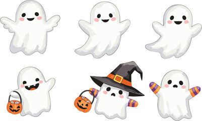 Cute cartoon ghost characters with Halloween accessories, festive expressions, and costumes in vector illustration for spooky seasonal design content