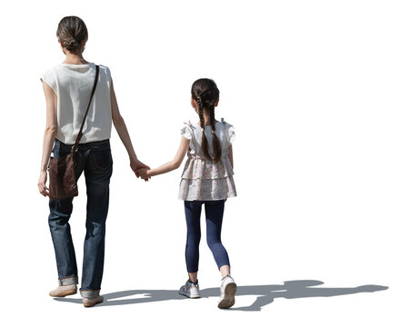 Japanese woman and child walking together hand in hand isolated on white and transparent background