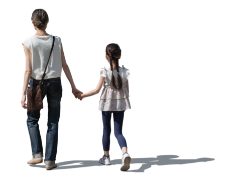 Japanese woman and child walking together hand in hand isolated on white and transparent background