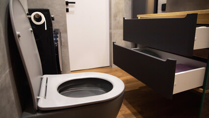 Gray wall hung toilet against white door and wall hung cabinet with pull out shelves in bathroom, close-up