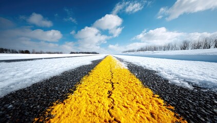 Winter road with a bright yellow dividing line.