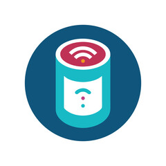 Smart Speaker Icon with Wifi Signal and Sound Waves in a Circle Keywords: smart speaker, wifi, wireless, network, internet, connection, technology