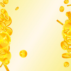 Chinese yuan coins falling. Scattered gold CNY