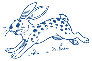 Cartoon Rabbit Running with Detailed Blue Outline on White