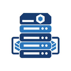 Stacked blue server racks with hexagonal logo on white background data storage