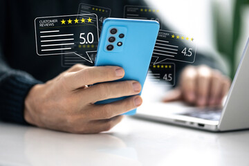 Customer review satisfaction feedback concept. Man evaluate quality of service for business ranking