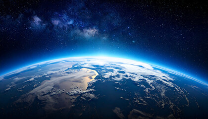 Obraz premium 宇宙から見た地球が朝日の光に輝き雲と海が美しく広がる雄大な景観