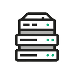 Stacked server racks icon with green indicator lights on white background data storage