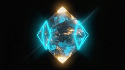 Dynamic crystal cube pulsing with neon blue light for modern technology background animations - Powered by Adobe