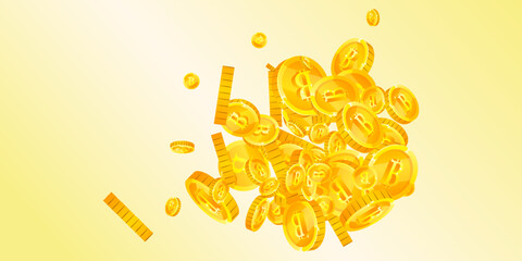 Bitcoin coins falling. Cryptocurrency scattered